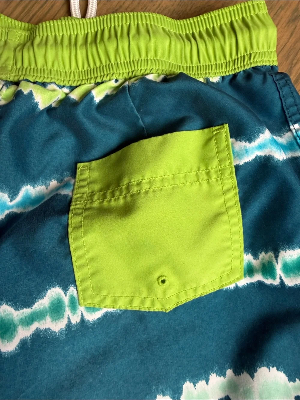 Lands' End Boys Teal Swim Trunks with Lime Waistband